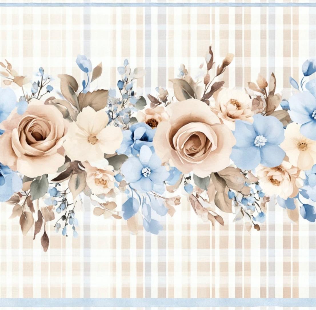 TRICOLINE BARRADO FLORAL BLUECREAM