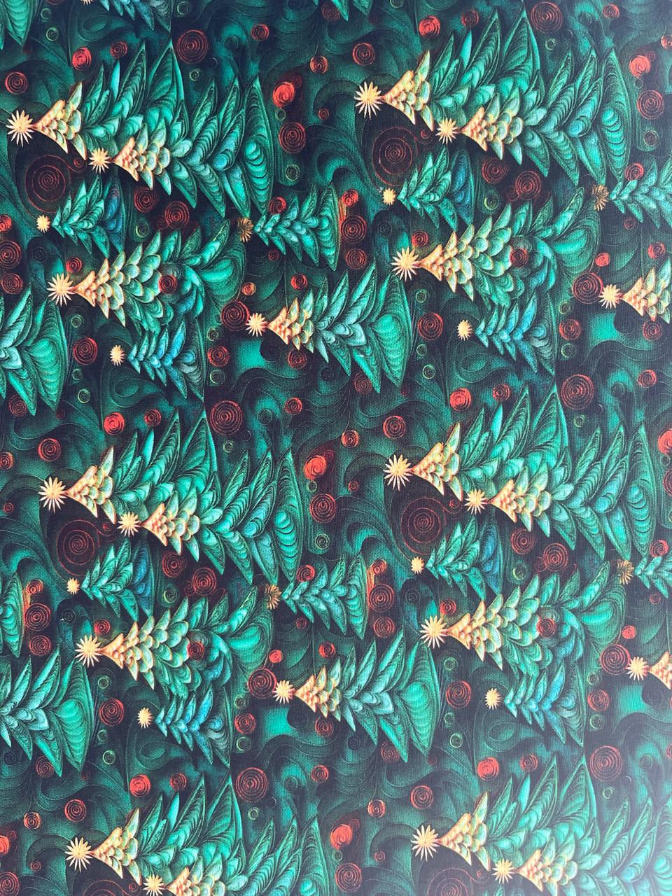 TECIDO DIGITAL 3D NATAL ÁRVORES AZUIS COM ESTRELAS