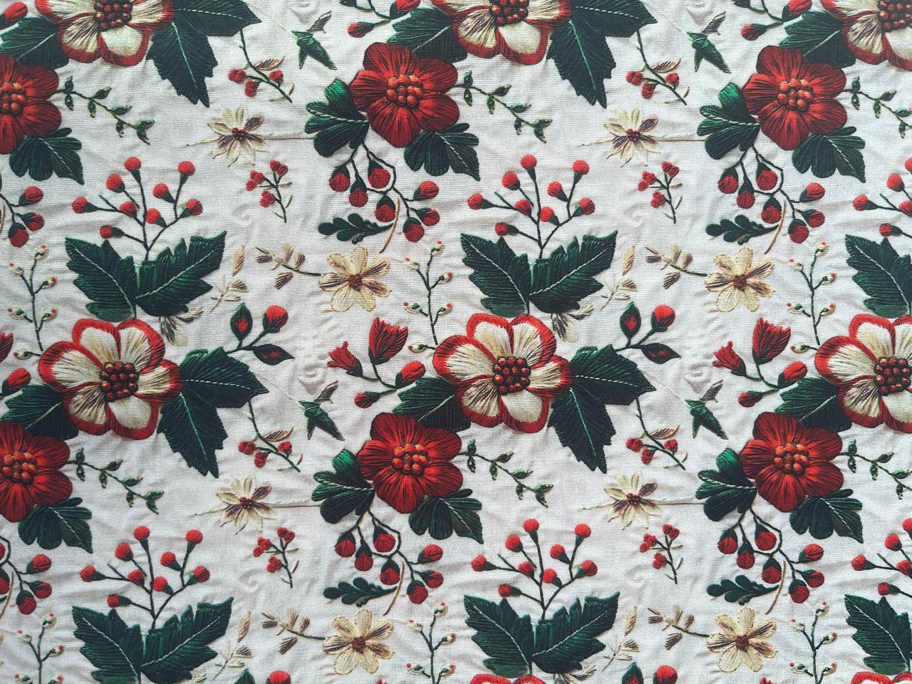 TECIDO DIGITAL 3D NATAL FLORES VERMELHAS E FUNDO BRANCO