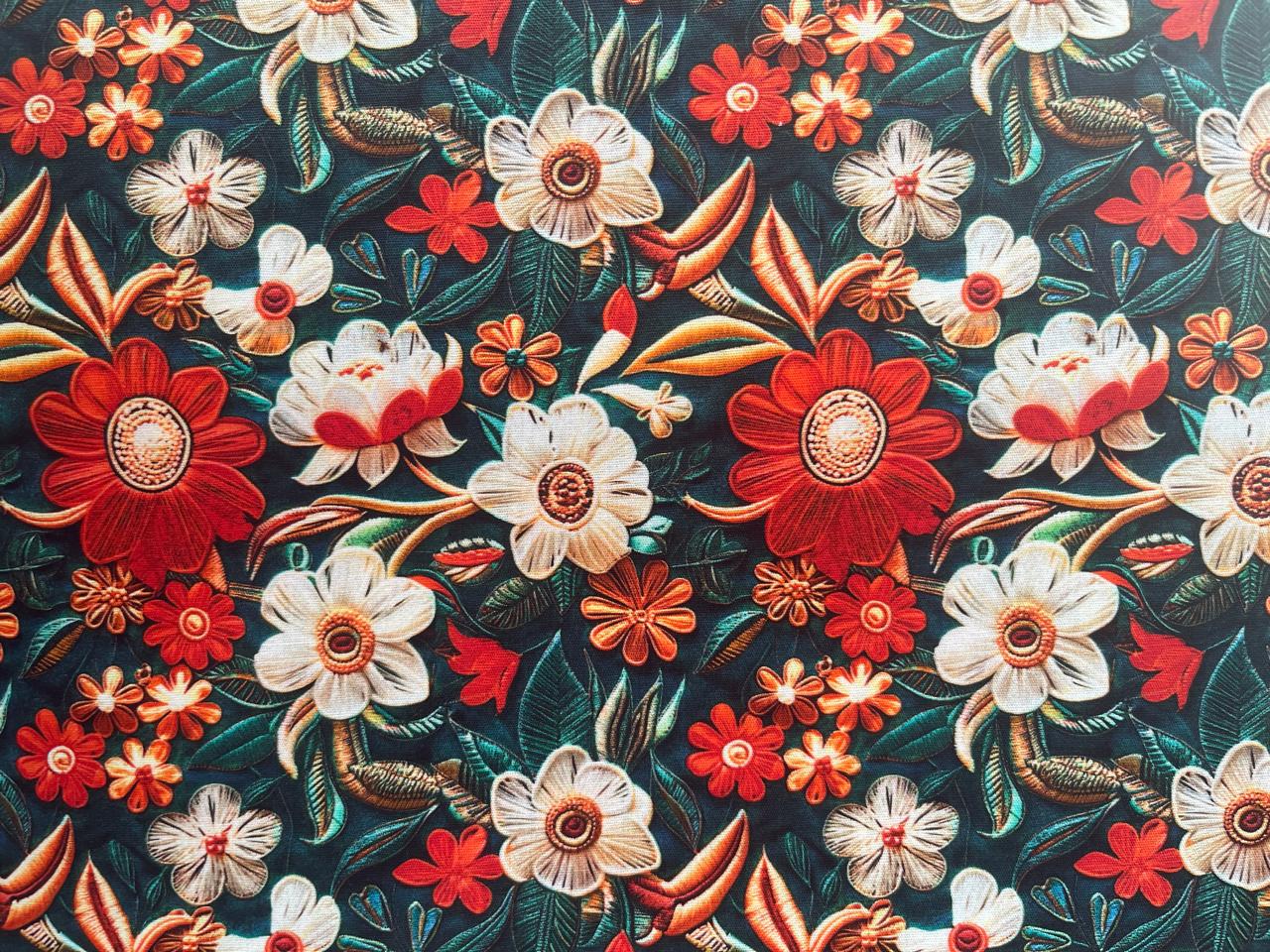 TECIDO DIGITAL 3D NATAL FLORES VERMELHAS E BRANCAS E FUNDO VERDE