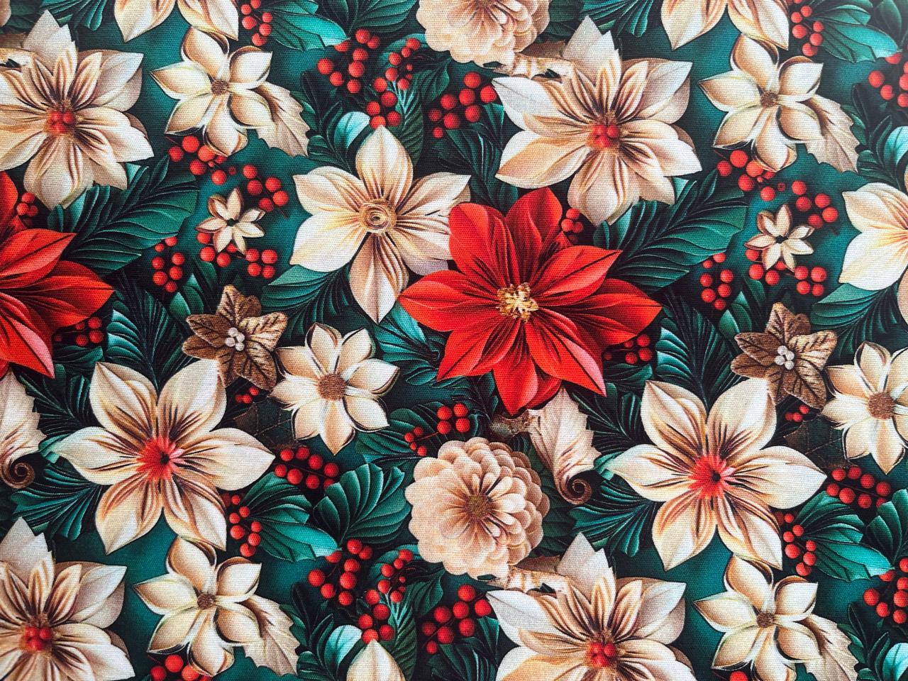 TECIDO DIGITAL 3D NATAL FUNDO VERDE E FLORES