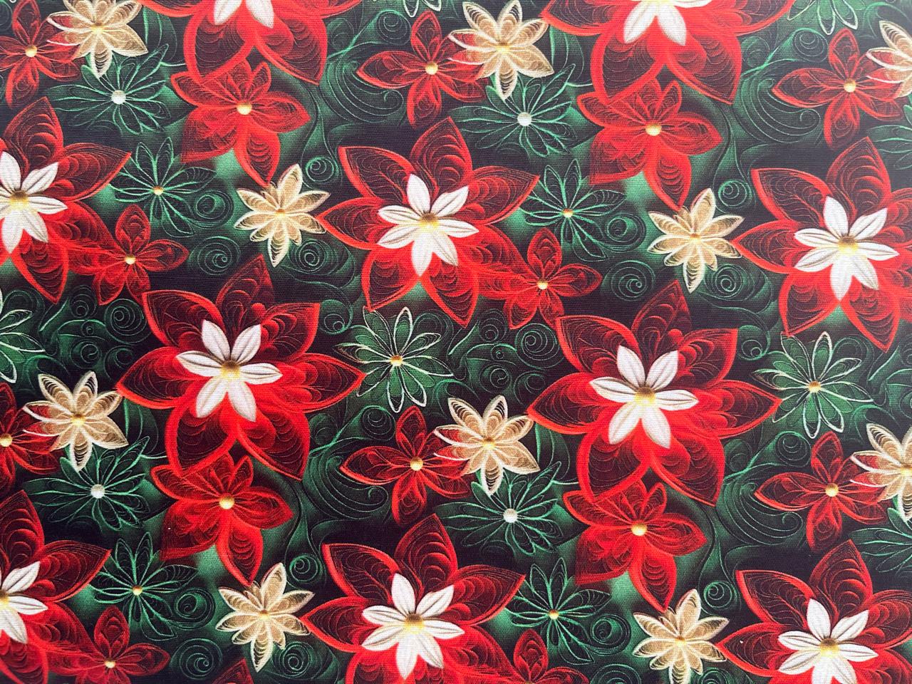 TECIDO DIGITAL 3D NATAL FLORES VERMELHAS E FUNDO VERDE