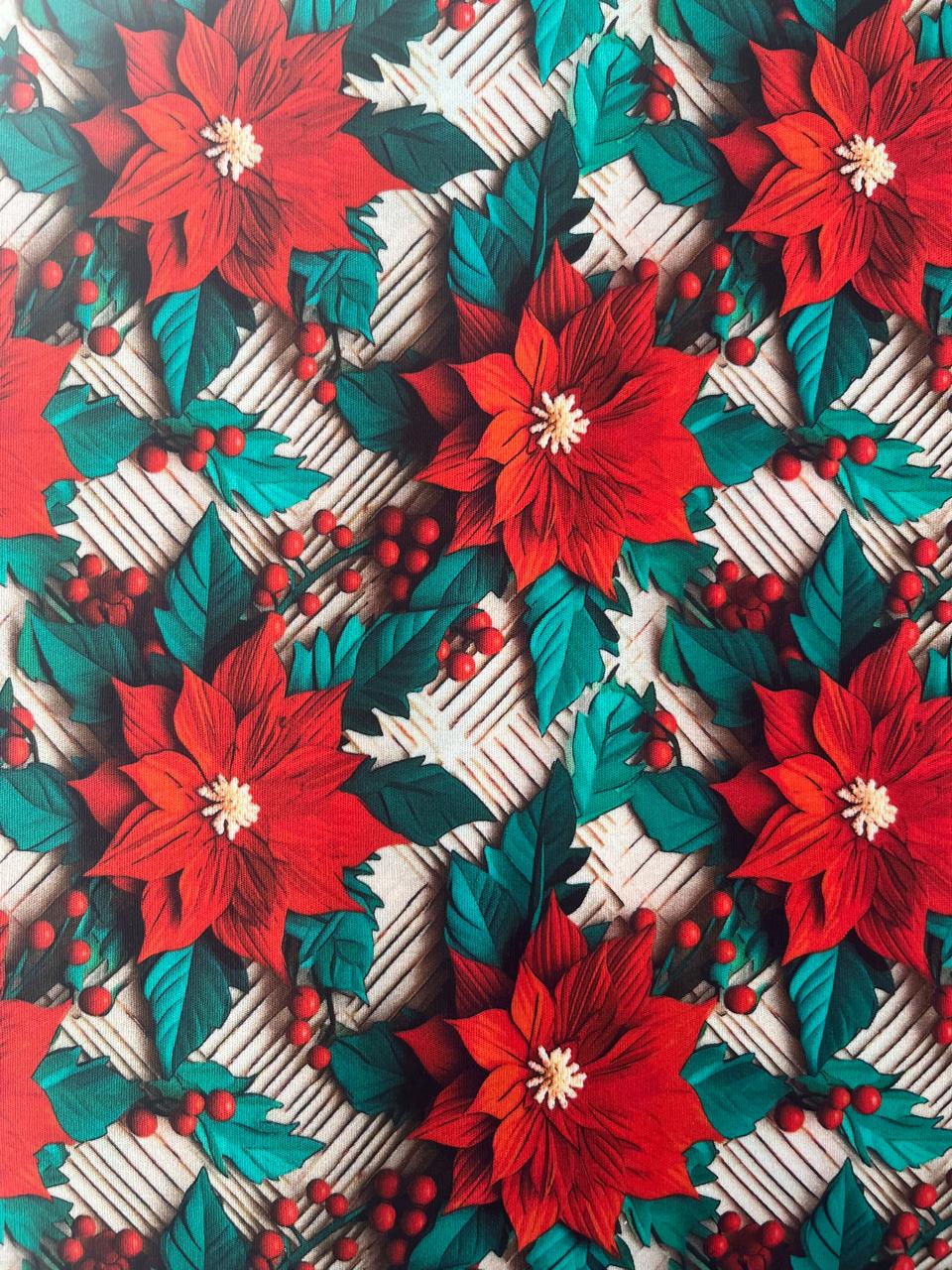 TECIDO DIGITAL 3D NATAL FLORES VERMELHAS