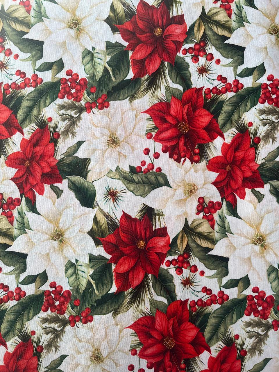 TECIDO DIGITAL 3D NATAL FLORES VERMELHAS E BRANCAS