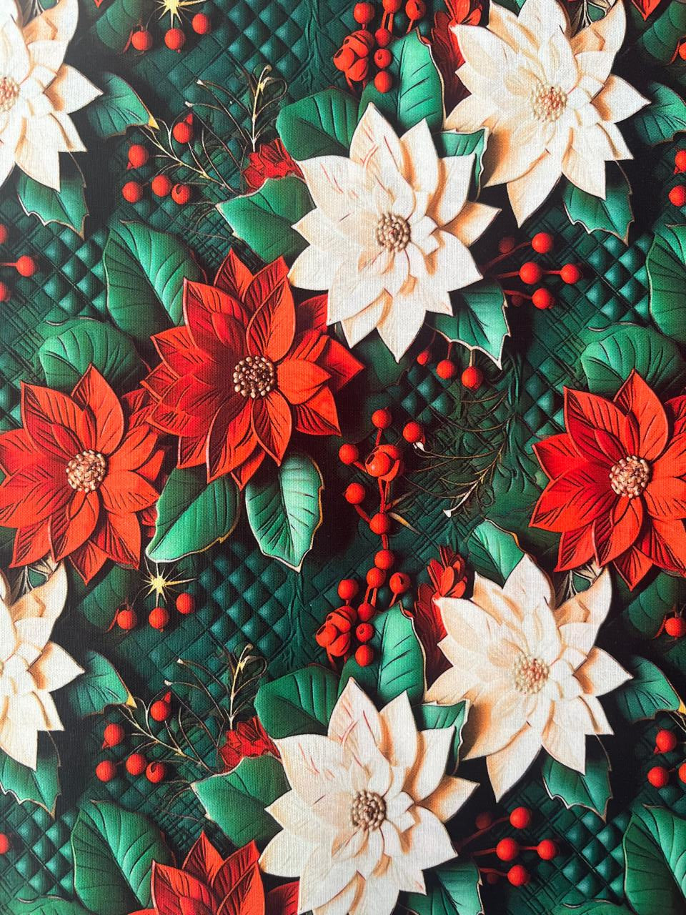 TECIDO DIGITAL 3D NATAL FUNDO VERDE E FLORES GRANDES